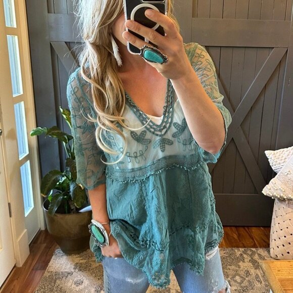 Lace Blouse V-Neck Turquoise Handmade Boho Women's Clothing Top - Picture 1 of 8